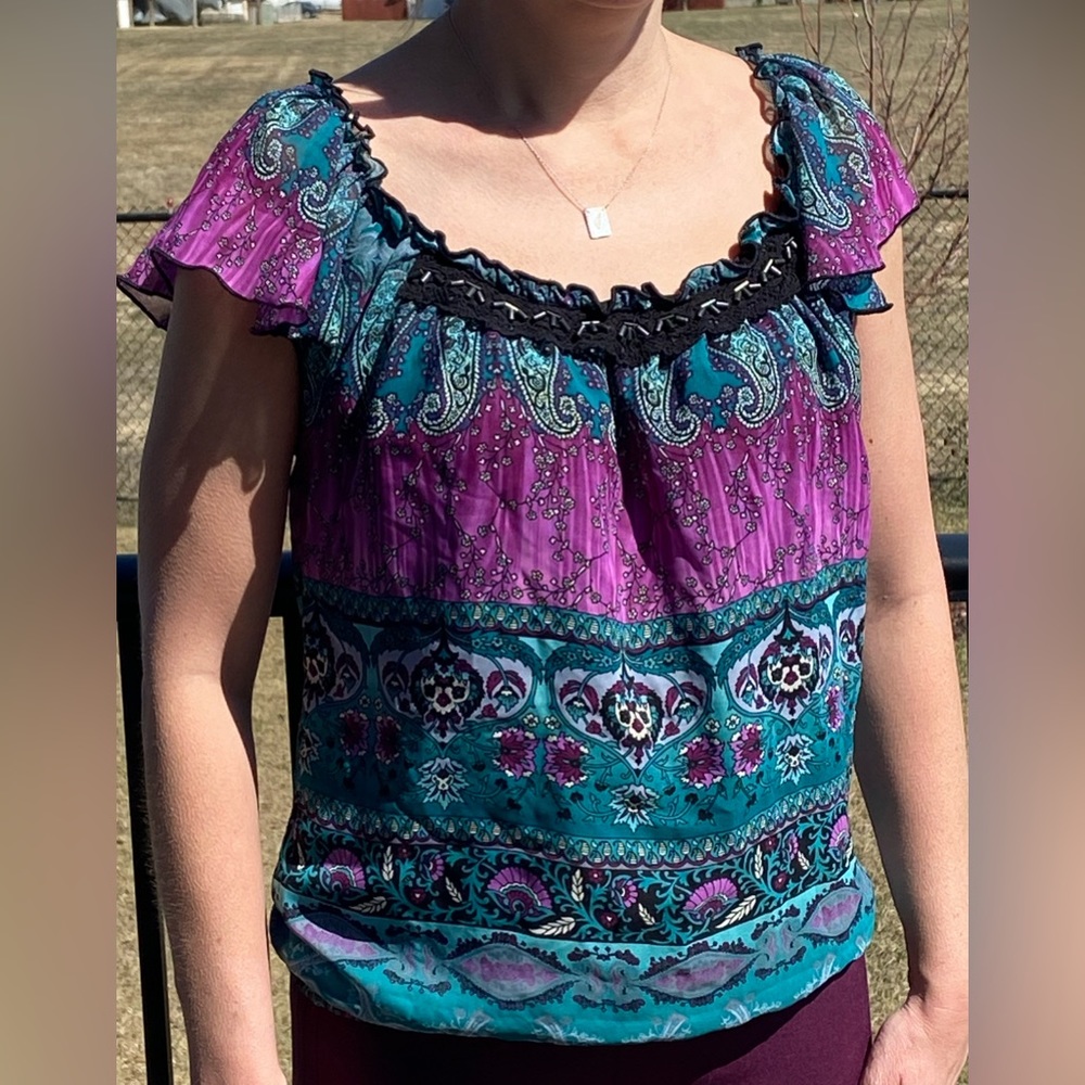 Wrapper Cap Sleeve Top Small Paisley Print Purple Teal